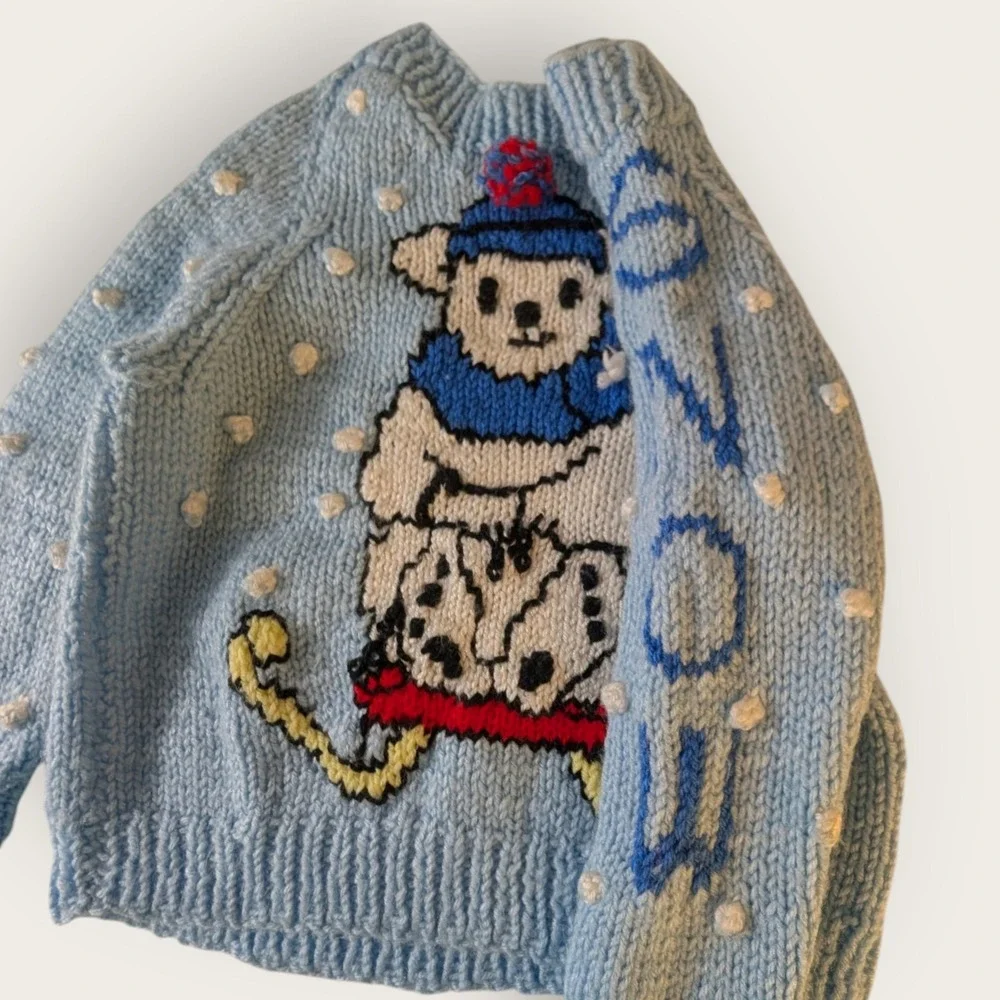 Vintage Hand Knit Kids Polar Bear Sledding Sweater Blue Popcorn Knit Snow 14.5L